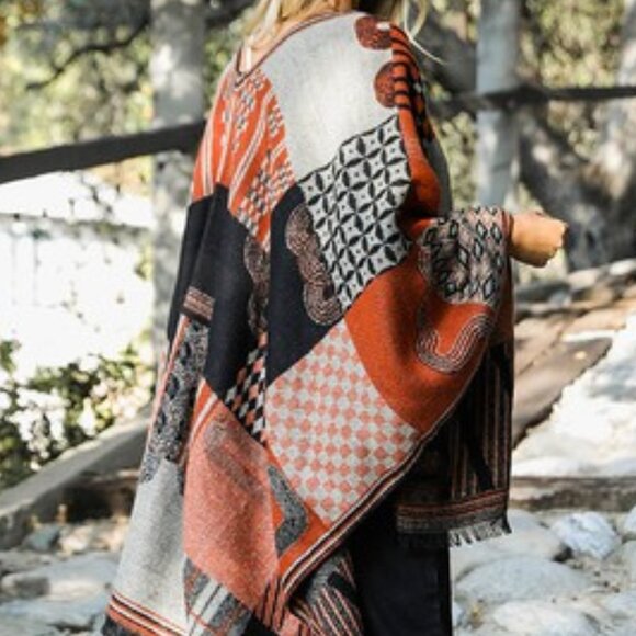 #205 Baroque Style Frayed Edge Knit Ruana Shawl - Picture 2 of 5